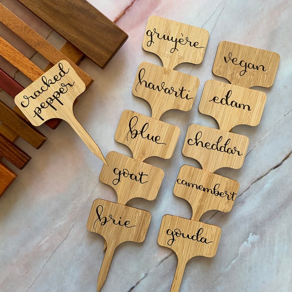 Hand Lettered Cheese Labels  — Custom Cheese Markers — Bamboo Wine and Cheese Charcuterie Boards