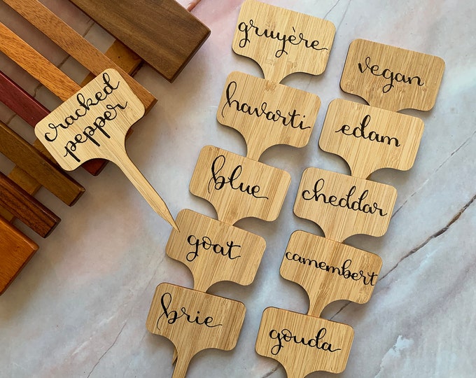 Hand Lettered Cheese Labels  — Custom Cheese Markers — Bamboo Wine and Cheese Charcuterie Boards