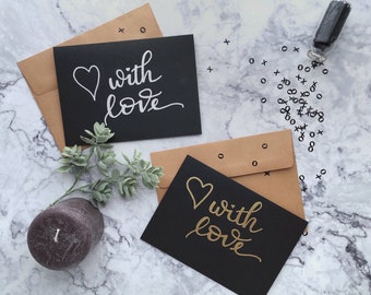 Hand Lettered Card - With Love Card in Gold or Silver - Thinking of You With Love Greeting Card