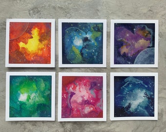 Watercolor Galaxy Art Card Set - 6 Greeting Card Set of Galaxy Paintings / Galaxy Cards