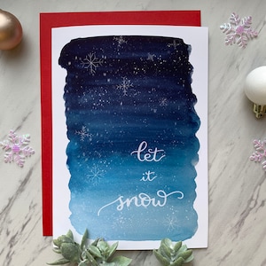 Tarjeta de felicitación navideña Let It Snow: tarjeta navideña de invierno en acuarela y tarjeta de felicitación de invierno