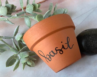 Mini Custom Terra Cotta Pots — Custom Hand Lettered Terra Cotta Starter Pots for Seedlings and Kitchen Herbs