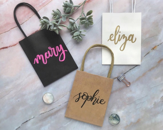 Custom Wedding Guest Gift Bags - Small Personalized Wedding Goodie Bags - Hand Lettered Personal Gift Bag - Bridesmaid Party Bag