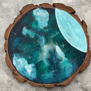 Watercolor on Wood Slab Painting—Emerald&#39;s Moon—One of a Kind Watercolor Art Piece on 10&quot; Wood Slice