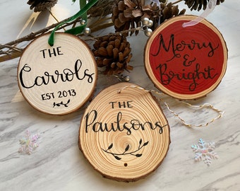 Custom Hand Lettered Family Name Ornaments — Large Wood Slice Ornaments — Personalized Christmas Ornaments and Holiday Gifts