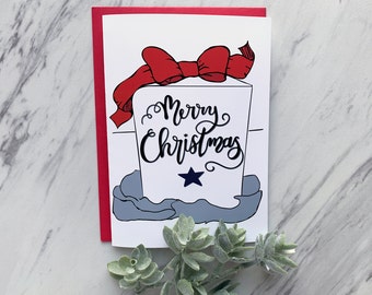 Merry Christmas Card — Christmas Present Illustration With Red Bow — Holiday Card and Season's Greeting Card