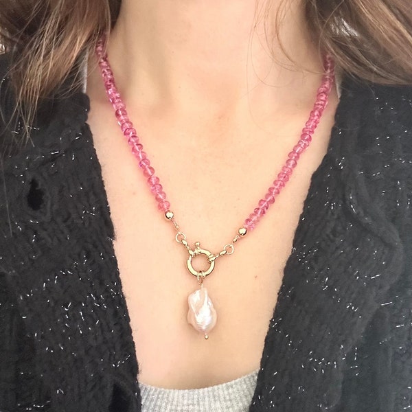 Pink topaz necklace | Pink gemstone necklace | Hand knotted necklace | Baroque Pearl pendant | Gold vermeil sailor clasp | 20" long