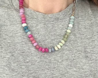 Florida sunshine necklace | Rainbow necklace | Hand knotted gemstone bead necklace | Sailor clasp | pink silk| adjustable 20” long