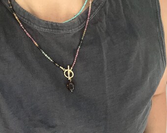 Rainbow Tourmaline necklace | Toggle Clasp | Scarab Pendant | 19” Length