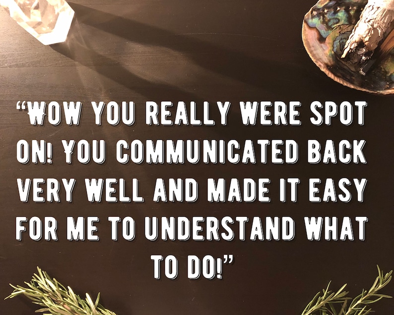 Peut inclure: Une citation de motivation sur un fond en bois fonc&eacute; avec un cristal et une coquille avec de la sauge. La citation dit "WOW YOU REALLY WERE SPOT ON! YOU COMMUNICATED BACK VERY WELL AND MADE IT EASY FOR ME TO UNDERSTAND WHAT TO DO!"