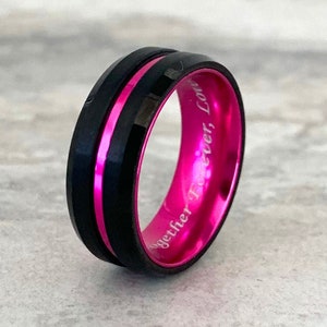 Tungsten Engraved Black Pink Breast Cancer Awareness Black Tungsten Ring Hot Pink Anodized Aluminum Inner Band Recessed Stripe Beveled Edges