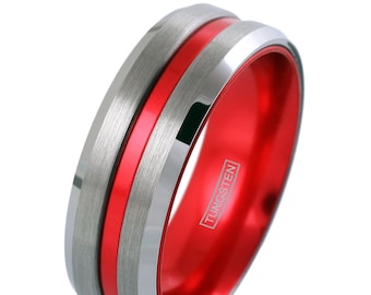 Tungsten Engraved Silver Red Cool Brushed Finish Ring Anodized Aluminum Soft Red Inner Band Recessed Stripe Beveled Edges
