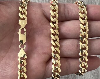 8mm Miami Cuban 14K Gold Vermeil Over Solid 925 Sterling Silver Chain Real Heavy Curb Necklace Men's Women's Unisex Minimalist Italian