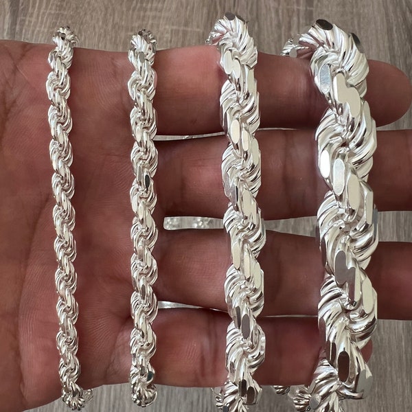 925 corde en argent sterling solide chaîne collier diamant coupe poli pour homme et femme unisexe en 5 mm 6 mm 8 mm 11 mm italien