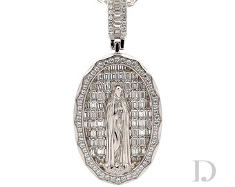 925 Sterling Silver Diamond Virgin Mary Baguette Diamonds Iced Stones Religious Christian Catholic Medallion