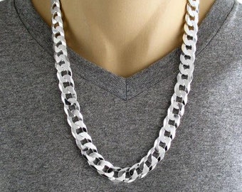 14mm Silver Thick Solid Sterling Cuban Link Chain Necklace Chunky Heavy Gauge 350 In 22" 24" Precious Gift diamond gold platinum miami 925