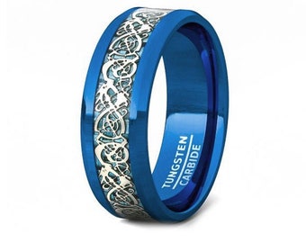 Tungsten Engraved Ring, Mens Blue Celtic White Dragon Tungsten, Durable Tungsten Engagement Wedding Band, Tungsten Promise Gift Anniversary