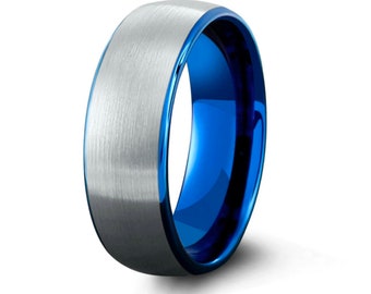 Tungsten Engraved Ring, Ocean Blue Brushed Tungsten Custom, Durable Tungsten Engagement Wedding Band, Tungsten Promise Gift Anniversary