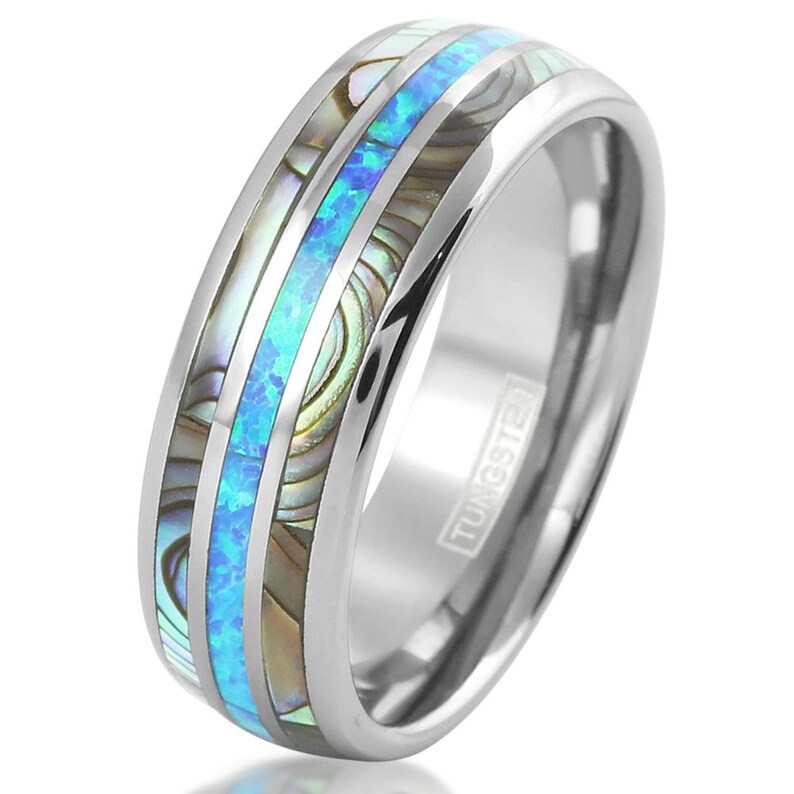 Silver Tungsten Personalized Handmade Hawaii Opal Turquoise Abalone Ring Band Damascus Couples Promise Engagement Wedding Mens Valentines image 3