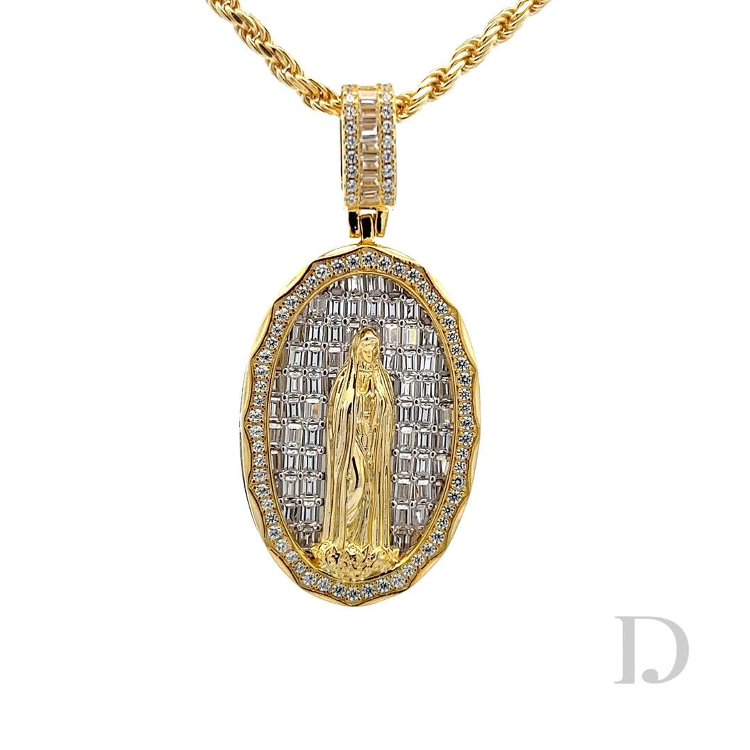 14K Gold Diamond Diamond Virgin Mary 925 Sterling Silver Baguette ...