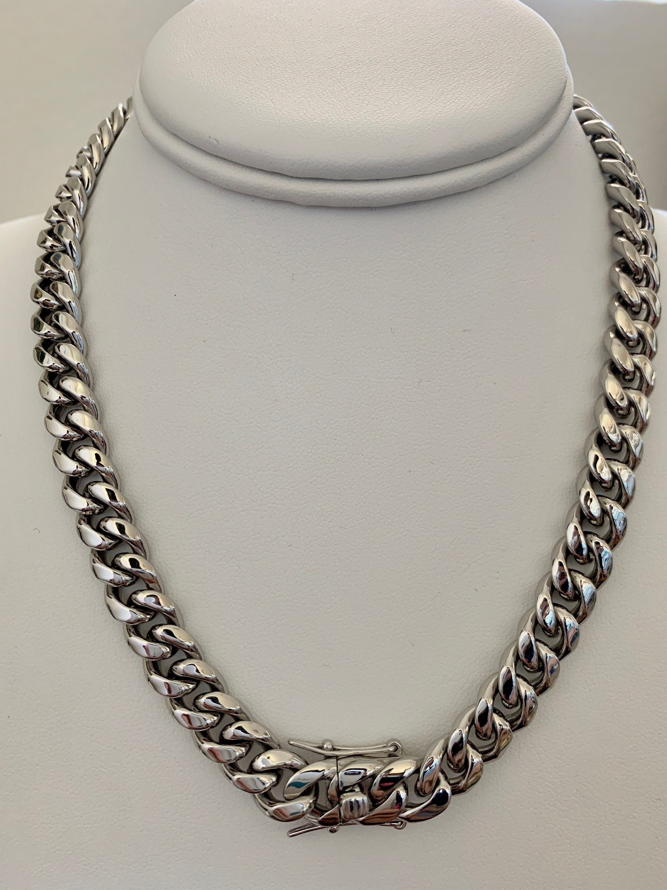 11mm Enamel Cuban Link Necklace Chain Blue/Silver 18 inch