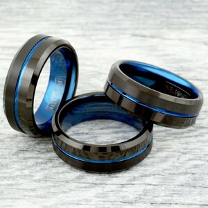 Tungsten Engraved Black Sapphire Blue Stripe Ring Wedding Engagement Band Promise Mens Polished Beveled Custom Personalized