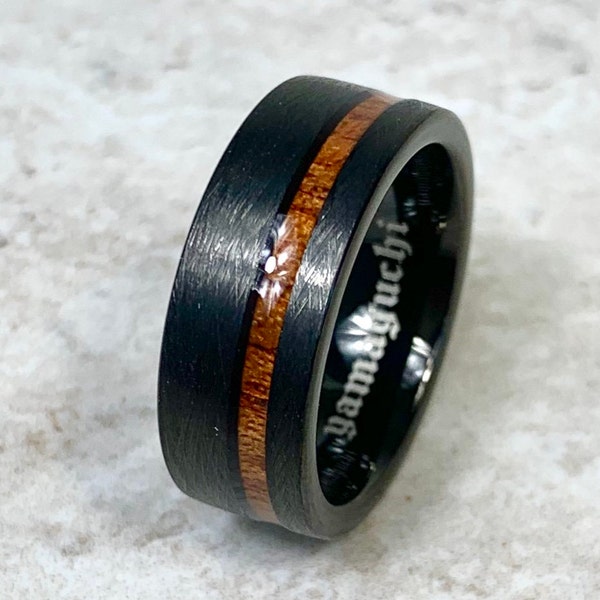 Tungsten Engraved Black Brown Gorgeous Polished Flat Band Ring Cool Koa Wood Wooden Inlay Between Engagement Mens Wedding