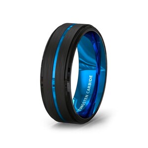 Tungsten Engraved Cobalt Blue Black Ring Striped Beveled Edges 6MM & 8MM Men Woman Engagement Wedding Couple Gift Band