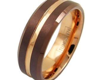 CUSTOM Gorgeous Unique Bronze Tungsten Ring With Rose Gold Stripe Rose Gold Inner Band, Edges | Wedding Band Engagement Relationship Couple