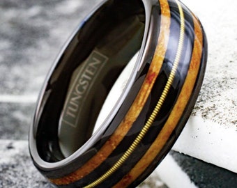 Whiskey Barrel Oak Ring Low Dome in Between Black Inlay Tungsten Ring Custom Ring Wedding Ring Engagement Ring Engraved Ring