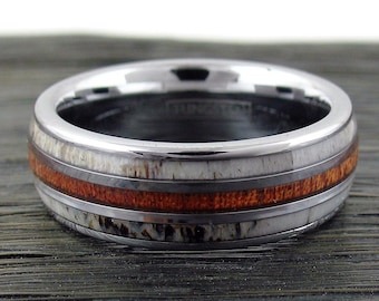 Tungsten Engraved Silver Brown Marvelous Mirror Polished Tungsten Dome Ring w/ Koa Wood Inlay Between 2 Deer Antler Inlays