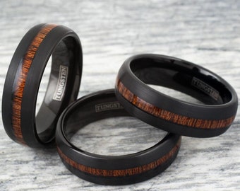 Koa Wood Tungsten Personalized Black Ring Center Wood Inlay Band Engagement Ring Promise Wedding Damascus Wedding Mens