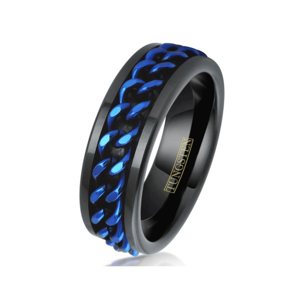 Cuban Blue Black Tungsten Band Ring with Stunning Royal Blue Chain Band Wedding Engagement Promise Boyfriend Husband Inlay Modern