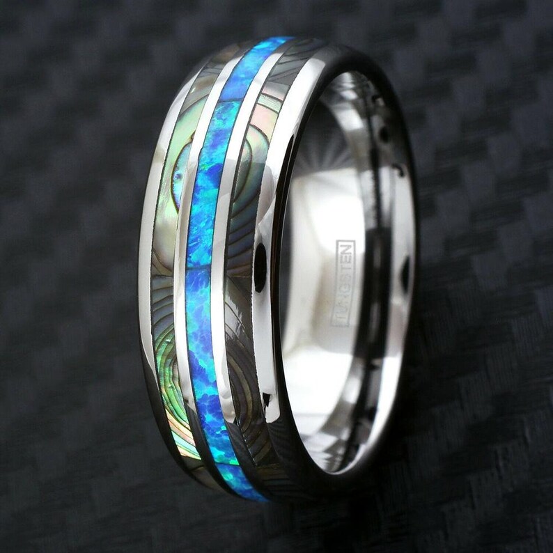 Silver Tungsten Personalized Handmade Hawaii Opal Turquoise Abalone Ring Band Damascus Couples Promise Engagement Wedding Mens Valentines image 2