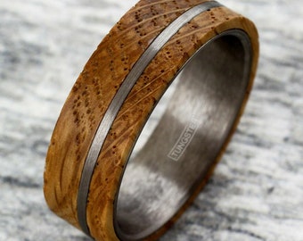 Whiskey Barrel Oak Wood Tungsten Personalized Ring Brushed Finish Silver Stripe Couples Engagement Wedding Mens Promise Love Lover Band Koa