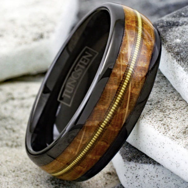 Whiskey Barrel Eiche Ring Low Dome Schwarz Wolfram Ring Custom Ring Ehering Verlobungsring Graviert Ring