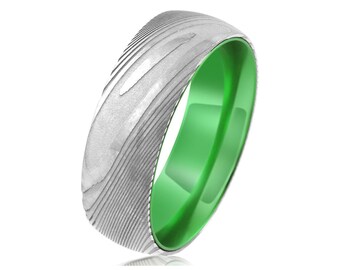 Brilliant 8mm Dome Style Wood Grain Damascus Steel Band Ring w/ Lime Green Anodized Aluminum Inner Band