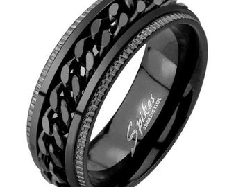 Black Stainless Steel Ring With Milgrain Edge And Cuban Link Spinning Band | Wedding Band Engagement Relationship Couple