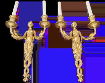 Antique Ormolu Gilt Bronze French Mermaid Sconces - a Pair