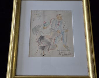 Vintage mid century signed drawing café scene