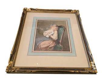 Antique Signed Painting Watercolor Girl With Dove