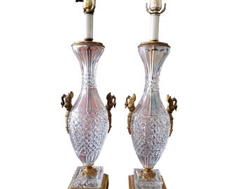 Antique 1910s Baccarat Style Crystal Bronze Swan Lamps Pair