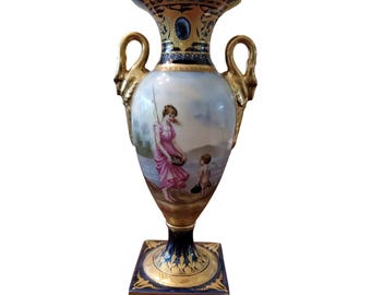 Mid 19th Century Antique Royal Vienna Porcelain Swan Vase Gold Overlay