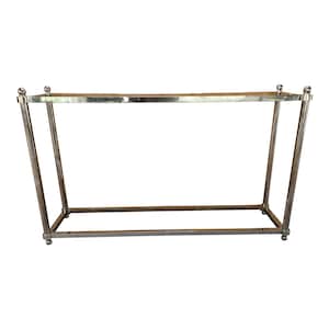 May include: A chrome console table with a rectangular top and a lower shelf. The table has a simple, modern design.