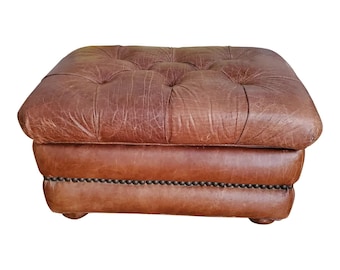 1990s Vintage Ralph Lauren Style Cognac Leather Trunk Ottoman