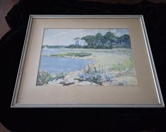 Mid century signed wc painting beach scene vintage impressionist