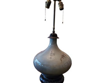 Antique Chinese Lamp With Carved Wood Top and Base