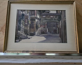 Antique watercolor painting signed street scene