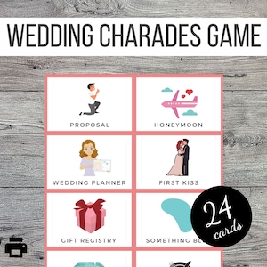Wedding / Bridal Shower Printable Charades or Pictionary Cards Game, 24 Colourful Image Cards