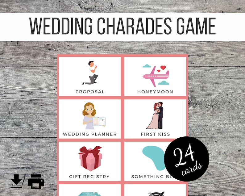 Op de afbeelding: Een set van 24 afdrukbare bruiloft-charades-spelkaarten met illustraties en tekst. De kaarten bevatten bruiloft-gerelateerde thema's zoals een aanzoek, huwelijksreis, weddingplanner, eerste kus, cadeaulijst en iets blauws.
